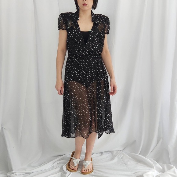 Y2K Black and White Sheer‎ Polka Dot Dress - Picture 1 of 4